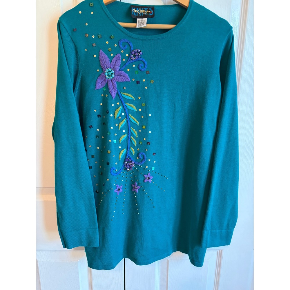 Carol Anderson Knits Teal Floral Sequin Sweater & Maxi Skirt Set Womens Medium